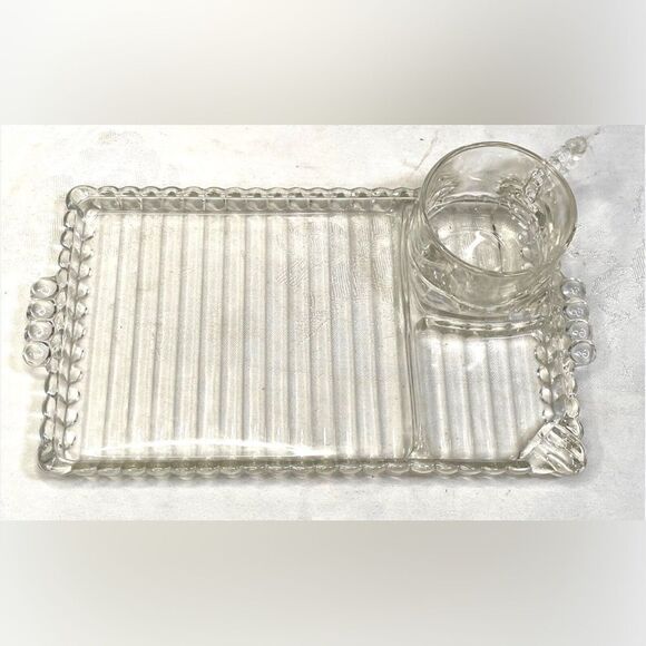 Hazel Atlas Ball & Rib Elegant Clear Glass Smoke Snack & Sip Tray 6 Oz Cup Set - Picture 7 of 12